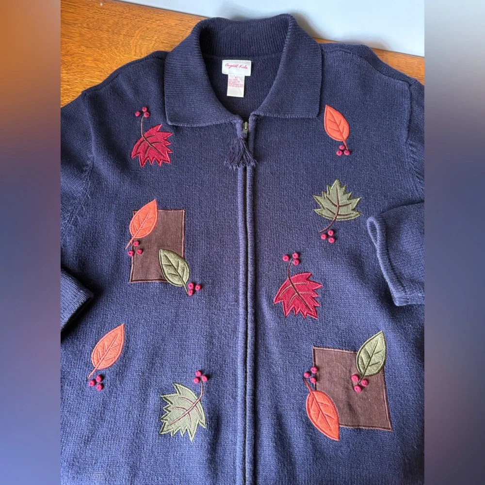 Vintage Crystal-Kobe Navy Full Zip Cardigan Leaf Fall Embroidery Collared Comfy